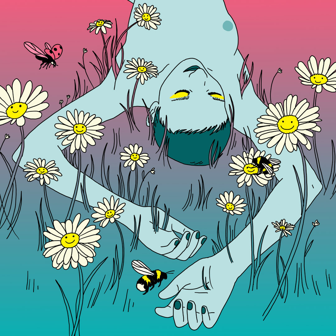 Illustration of a person lying in a field of smiling daisies with insects, rendered in cartoon style with pink and teal hues.