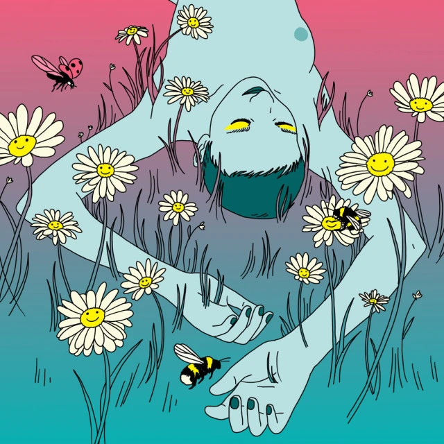 Illustration of a person lying in a field of smiling daisies with insects, rendered in cartoon style with pink and teal hues.