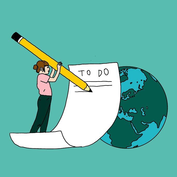 Illustration of a woman writing on a giant 'To Do' list with a large yellow pencil, next to a globe against a teal background.