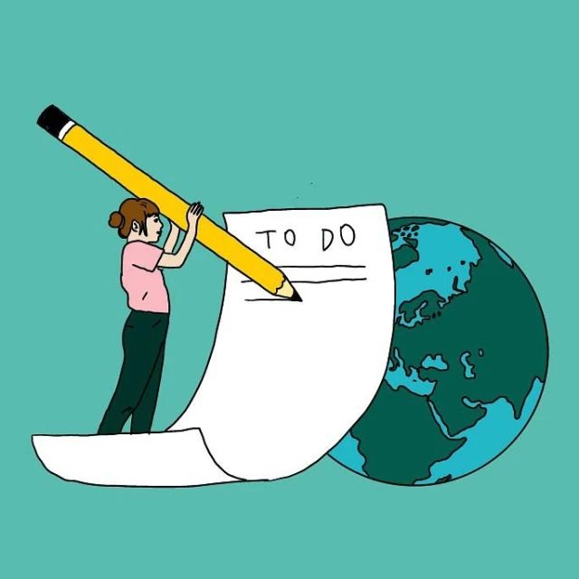 Illustration of a woman writing on a giant 'To Do' list with a large yellow pencil, next to a globe against a teal background.