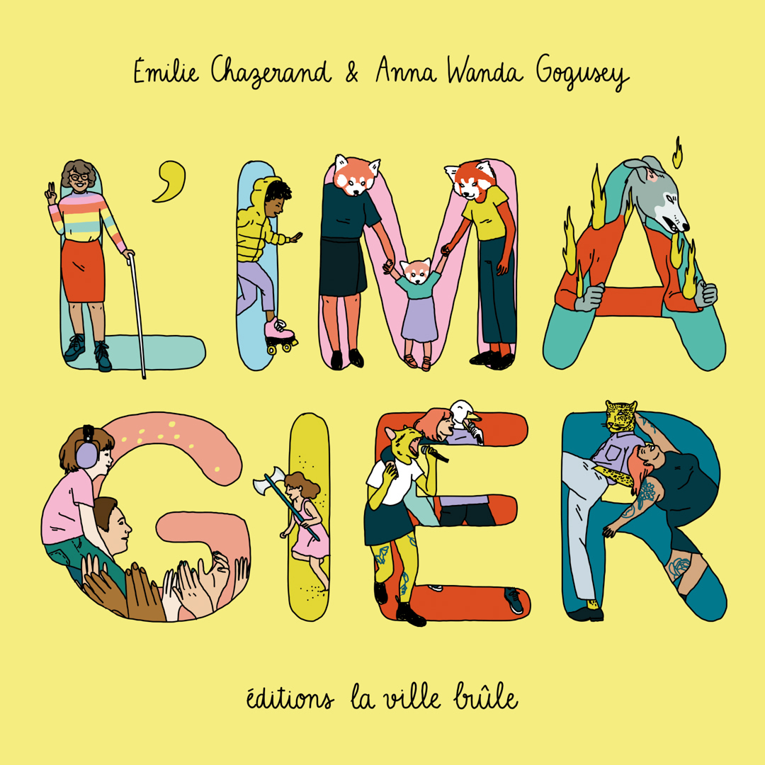 Book cover illustration featuring whimsical human and animal figures integrated into large letters against a yellow background, cartoon style.