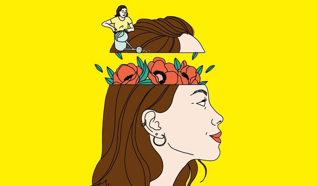 Stylized drawing of a woman's head with flowers inside the head and a woman watering the head from the top of the head.