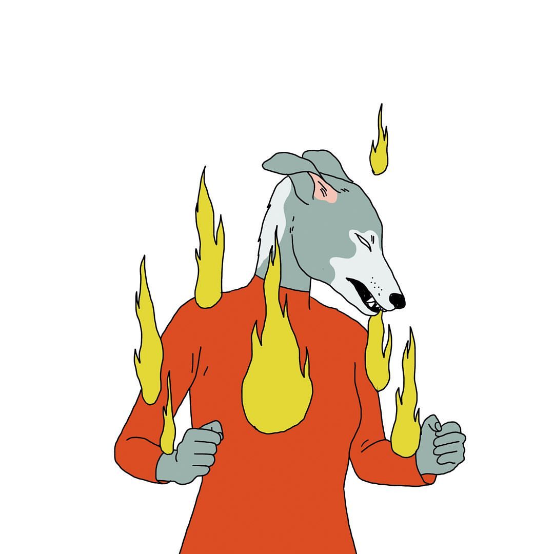 Illustration of an anthropomorphic grey wolf with fire around the torso, wearing a red orange long sleeve shirt, against a white background.