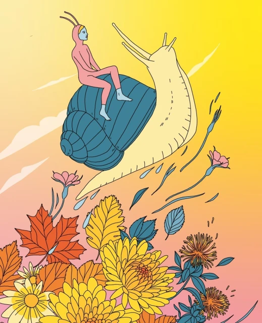 Illustration of a person in a pink suit riding a giant snail through a garden of colorful flowers against a yellow and pink background.