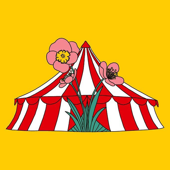 Illustration of a red and white striped circus tent, foregrounded by pink poppy flowers on a yellow background in flat, cartoon style.