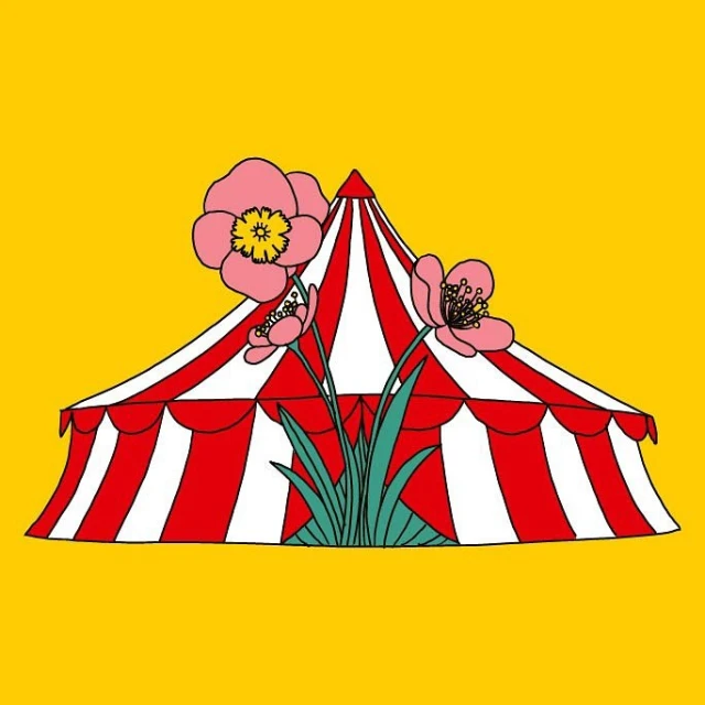 Illustration of a red and white striped circus tent, foregrounded by pink poppy flowers on a yellow background in flat, cartoon style.