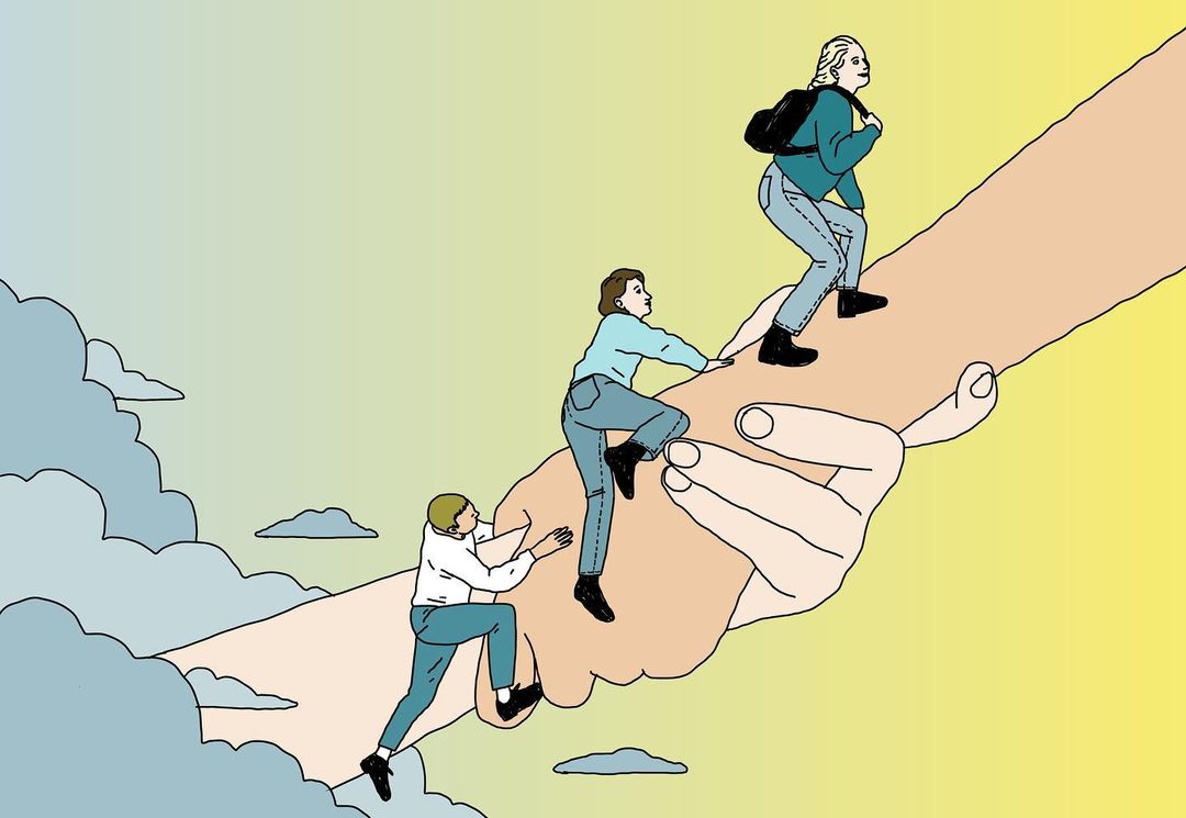 Illustration of three people climbing on a giant hand reaching towards a yellow and blue sky with white fluffy clouds.