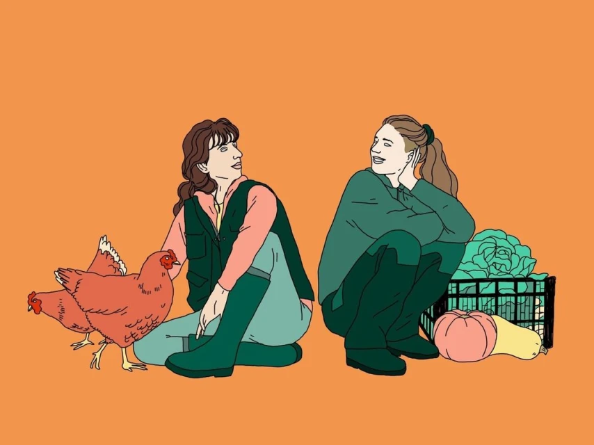 Two women in work clothes sit among crops and chickens in an illustration against a bright orange background on a sunny day.