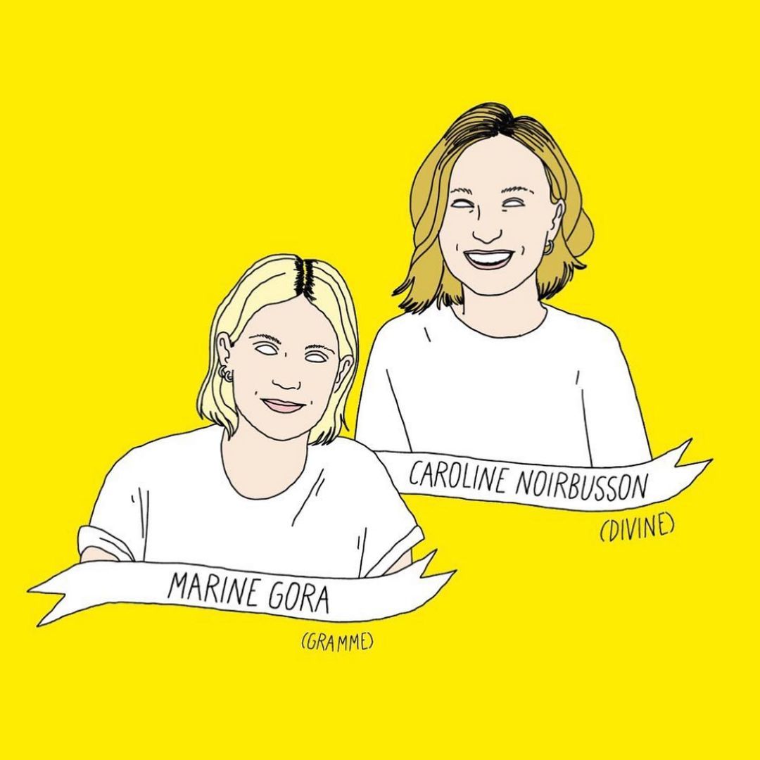 Illustration featuring two smiling women, Marine Gora and Caroline Noirbusson, on a yellow background with their names displayed.