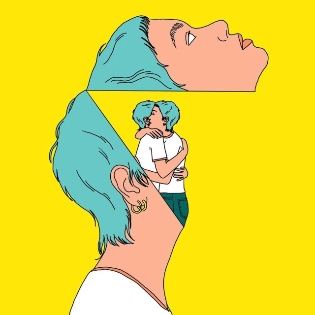 Illustration of an open head with two people hugging inside, teal hair, and yellow background.