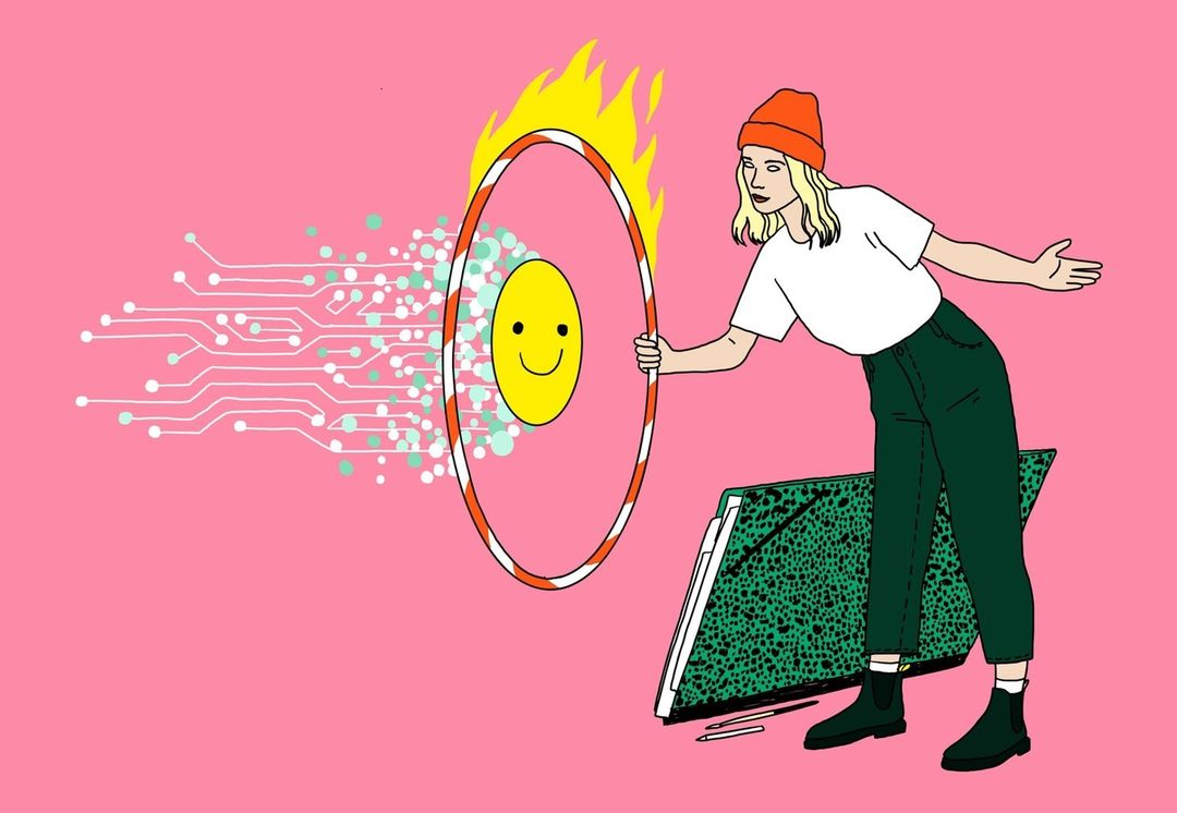 Illustration of a woman standing near a fiery hoop and a whiteboard, with a pink background. Art style combines digital and traditional elements.