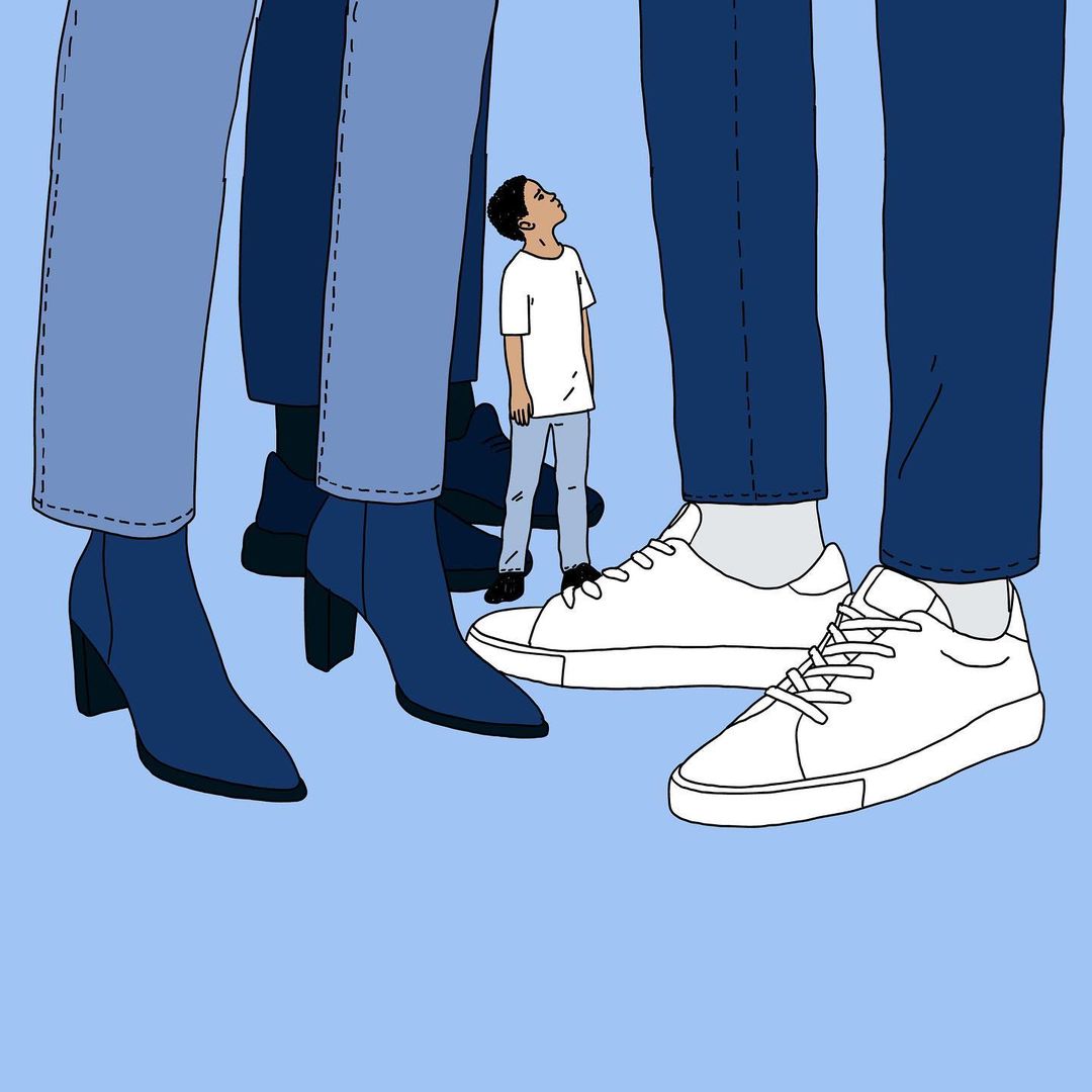 Illustration of a young boy looking up at a group of adults. The focus is on the boy and the lower half of the adults and their shoes.