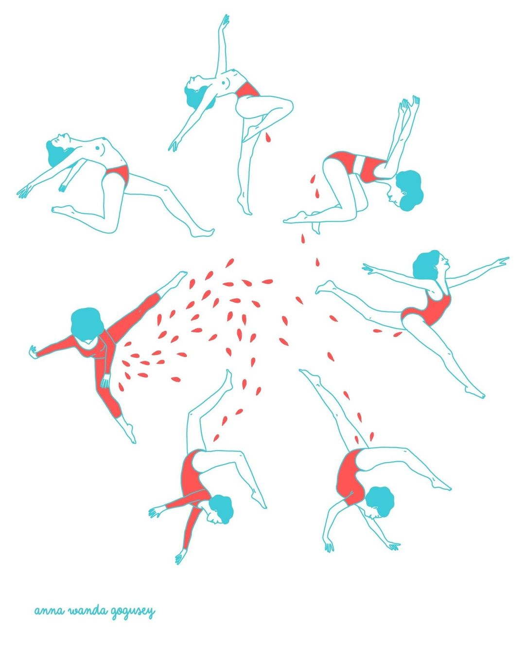 Illustration of woman in various dance poses wearing a red leotard against a white background with a scattering of red leaves.