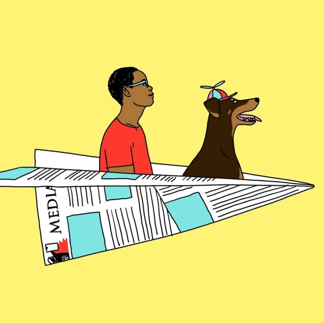 Illustration of a boy with glasses and a dog wearing a propeller hat inside a paper airplane on a yellow background, creative illustration.