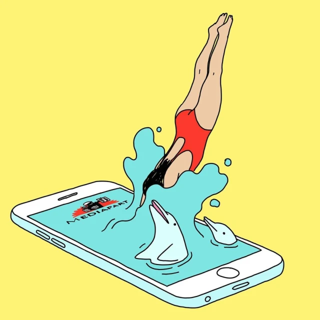 Illustration of a woman diving from the top edge of a smartphone into water containing dolphins, against a yellow background.