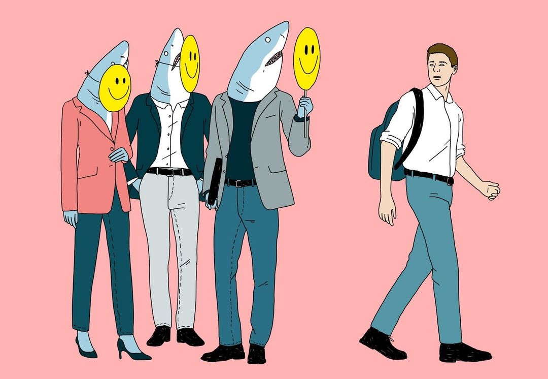 Illustration depicting a man walking past three figures with shark heads holding smiley face masks on a pink background.