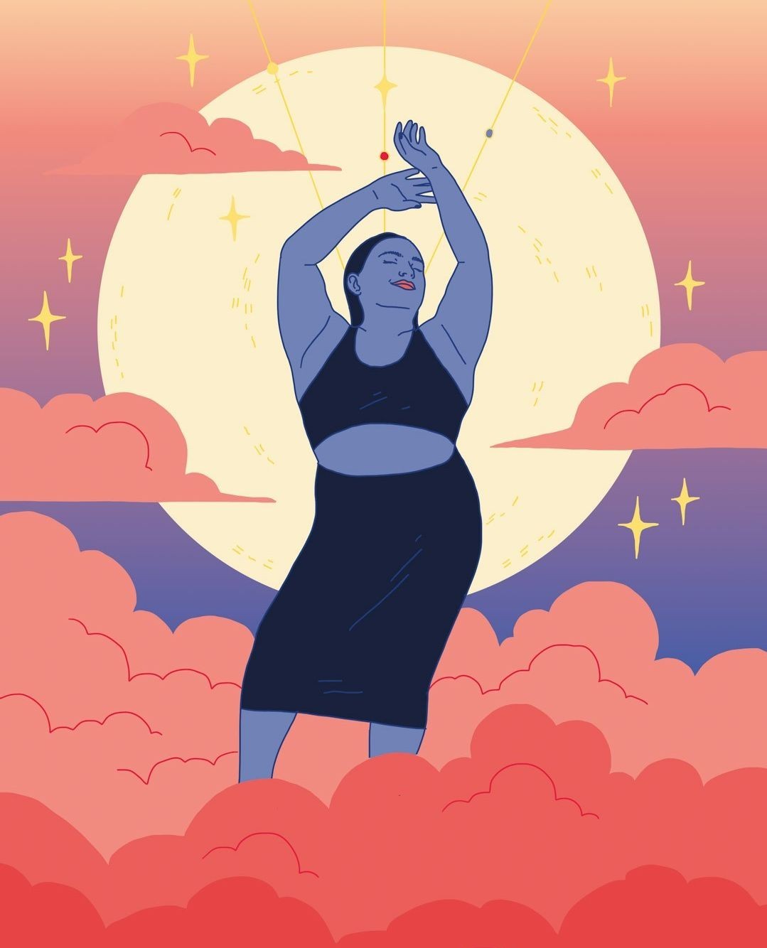 Illustration of a woman in a black dress dancing in the clouds with a moon and stars behind her, rendered in blue and pink tones.