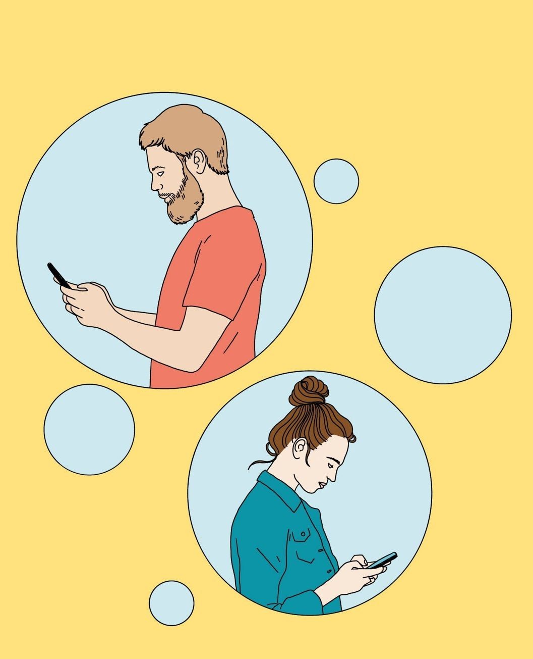 Illustration of a man and woman in profile, each within a circle, both looking at their phones on a yellow background with light blue circles.