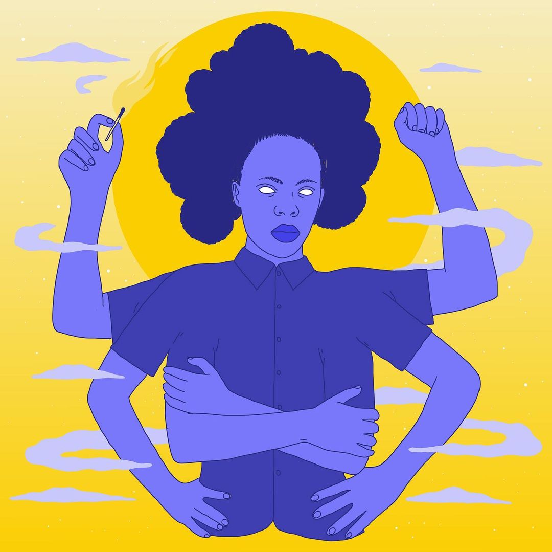 Illustration of a six-armed African-descent adult with an afro, holding a match and fist up, set against a yellow sun and sky with clouds.