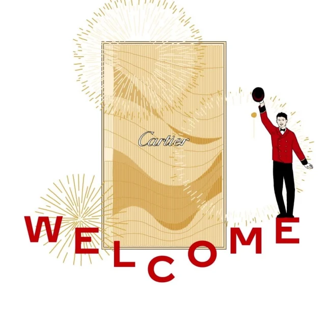 Illustration for Cartier with a bellhop raising his hat and the word 'Welcome' in large red letters, along with golden fireworks.
