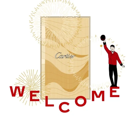 Illustration for Cartier with a bellhop raising his hat and the word 'Welcome' in large red letters, along with golden fireworks.