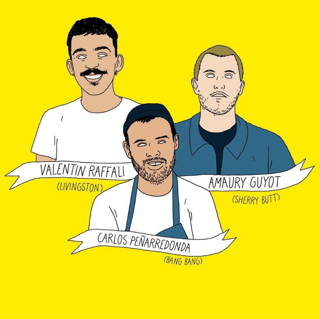 Illustration of three adult men in white t-shirts against a bright yellow background with hand-drawn lines and banner-style text.