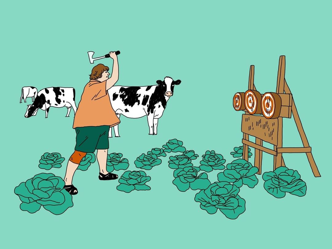 Illustration of a person throwing an axe at a target in a field with cows and cabbages. Quirky and whimsical art style.