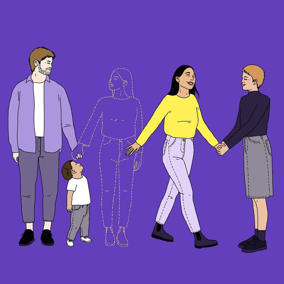 Stylized illustration of a family of adults and a child holding hands against a purple background, representing family connections and support.