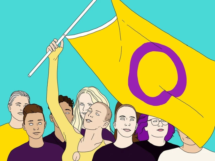 Illustrated group of diverse people holding the Intersex flag outdoors against a blue sky, celebrating equality and inclusion.
