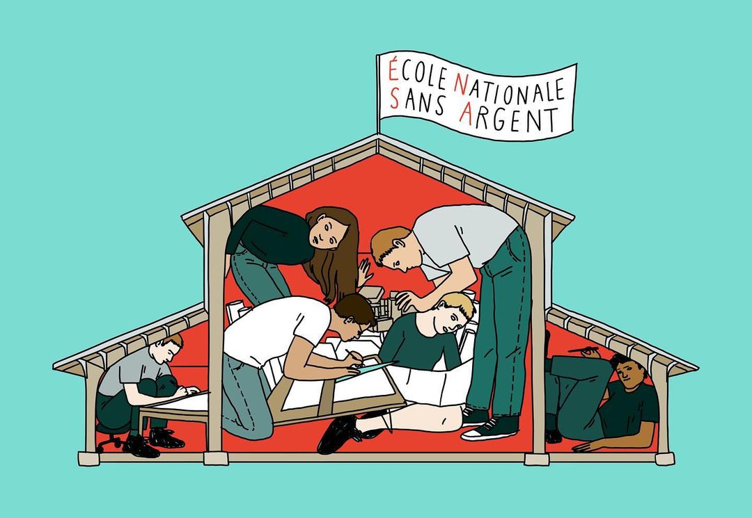 Illustration depicts six people of varied gender identities inside a house structure, under a banner with the text 'ECOLE NATIONALE SANS ARGENT.'