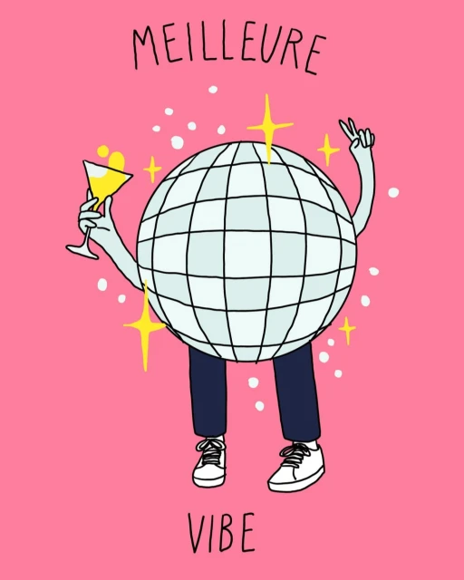 Cartoon graphic of a disco ball with limbs holding a martini glass and making a peace sign on a pink background, with hand-lettered text.