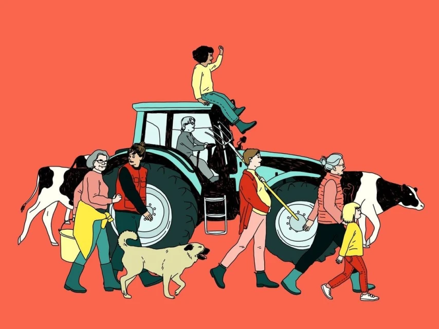 Illustration of people and animals walking past a tractor on a farm, rendered in a graphic style with a red background.