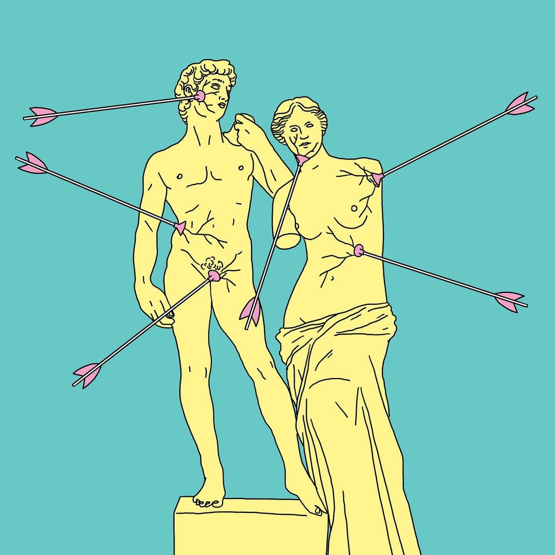Illustration of yellow statues of a man and woman stuck with pink arrows against a solid aqua background.