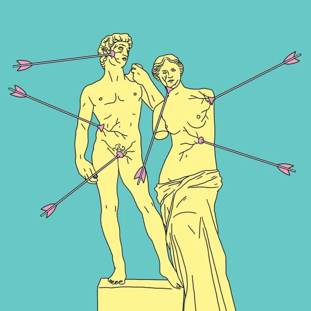 Illustration of yellow statues of a man and woman stuck with pink arrows against a solid aqua background.
