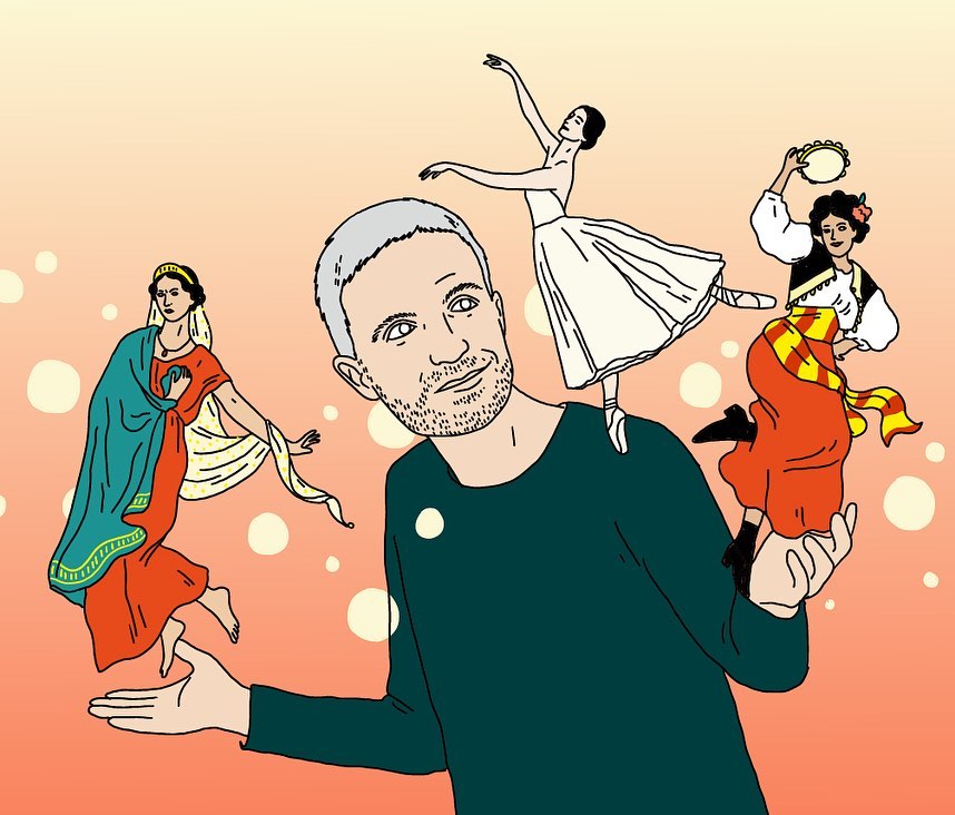 Illustration of a man with gray hair surrounded by three women in dance poses, set against an orange gradient background with light circles.