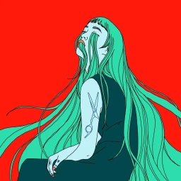 Illustration of a woman with long green hair and a scissor tattoo on her arm against a solid red background.
