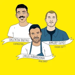 Illustrated portrait of three men with blank white eyes against a solid yellow background by Anna Wanda Gogusey