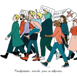 Illustrated group of diverse people and hybrid creatures marching together holding protest signs with French text.