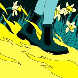 Illustrated legs in light blue trousers and dark boots walking through yellow grass with white daffodils by Anna Wanda Gogusey