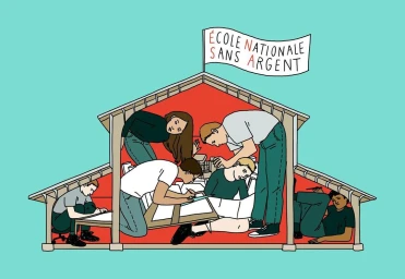 Illustration by Anna Wanda Gogusey showing people inside a cutaway house structure with a banner reading Ecole Nationale Sans Argent