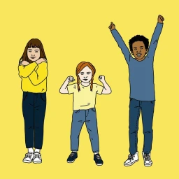 Illustration of three children posing against a solid yellow background by Anna Wanda Gogusey