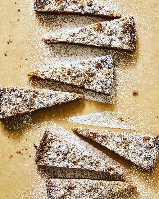 Overhead shot of sliced triangular pastry pieces arranged on parchment paper and dusted with powdered sugar.
