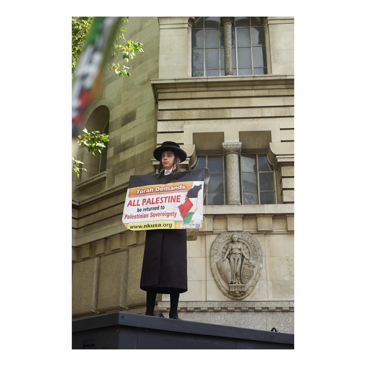 Adult holds 'All Palestine' sign outside stone building with columns and ornamentation, wearing dark coat and hat.