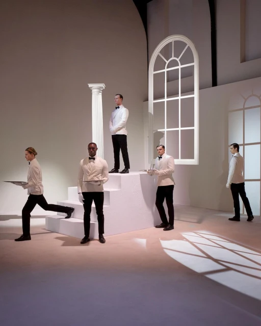 Five formally dressed men in white jackets and black pants stand in a minimalist white studio with windows, stairs and a column.