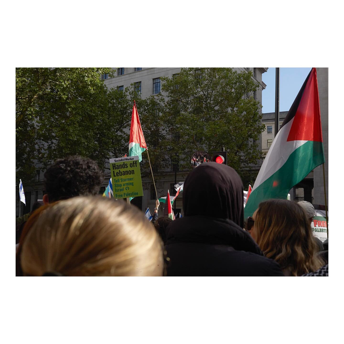 Demonstration with people holding Palestinian flags and signs in an urban outdoor environment, with trees and buildings visible.