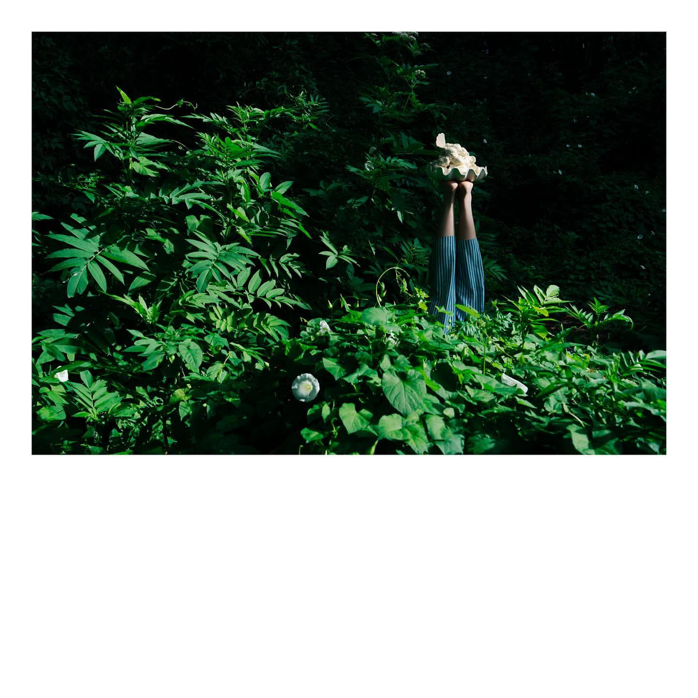 Legs and feet project upward from a lush green garden, the figure holding a white mass overhead, set against a backdrop of dense foliage.