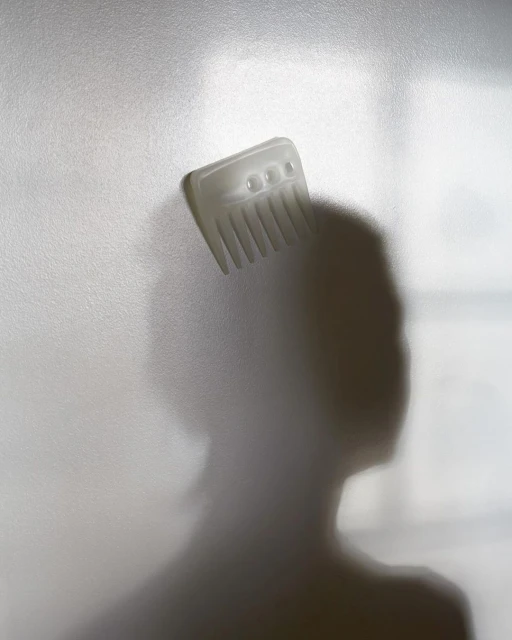 Silhouette of a person with a hair pick resting on their head, soft focus, diffused light against a solid background in a studio setting.