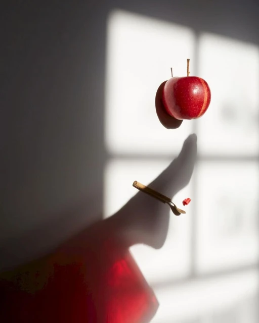 Still life of a red apple floating in air with a spoon and sugar cube nearby, casting a shadow on a light-colored wall indoors.