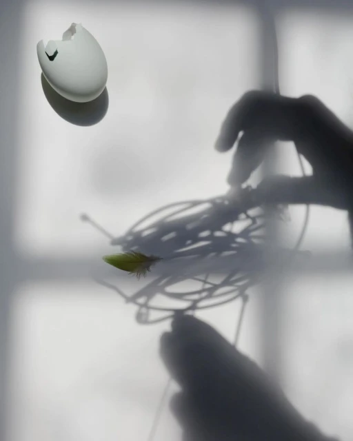 Abstract composition with a broken eggshell, feather, and human hand shadow against a neutral background with diffused lighting.
