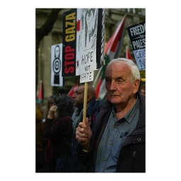 Elderly man holding a protest sign reading Stop Gaza and Hope Not Hate in a crowd